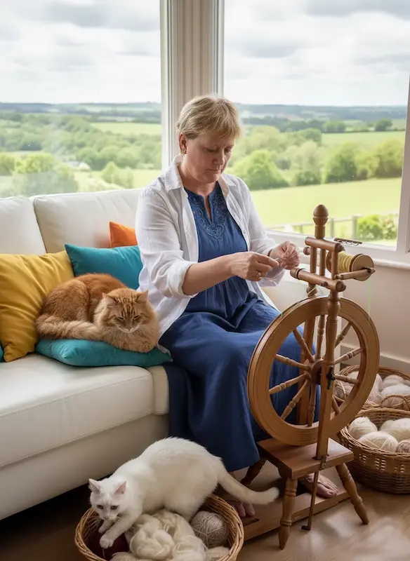 Rosella Novelli creating handmade spun wool on traditional spinning wheel
