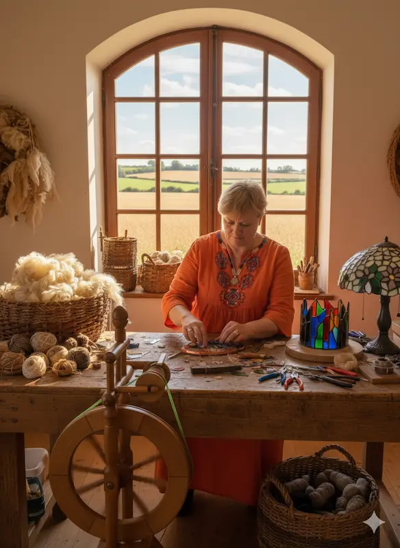 Female artisan Rosella Novelli creating handmade Tiffany glass lamp
